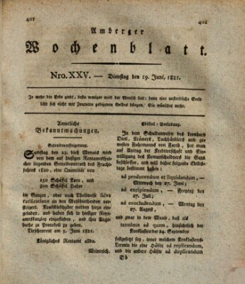 Amberger Wochenblatt (Oberpfälzisches Wochenblat) Dienstag 19. Juni 1821