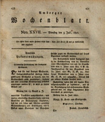 Amberger Wochenblatt (Oberpfälzisches Wochenblat) Dienstag 3. Juli 1821