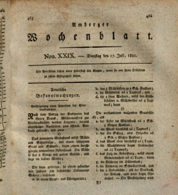 Amberger Wochenblatt (Oberpfälzisches Wochenblat) Dienstag 17. Juli 1821