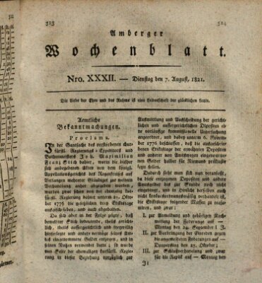 Amberger Wochenblatt (Oberpfälzisches Wochenblat) Dienstag 7. August 1821