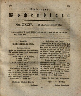 Amberger Wochenblatt (Oberpfälzisches Wochenblat) Dienstag 21. August 1821