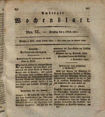 Amberger Wochenblatt (Oberpfälzisches Wochenblat) Dienstag 2. Oktober 1821