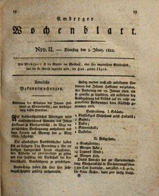 Amberger Wochenblatt (Oberpfälzisches Wochenblat) Dienstag 8. Januar 1822