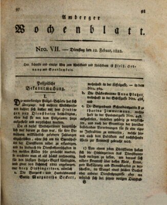 Amberger Wochenblatt (Oberpfälzisches Wochenblat) Dienstag 12. Februar 1822