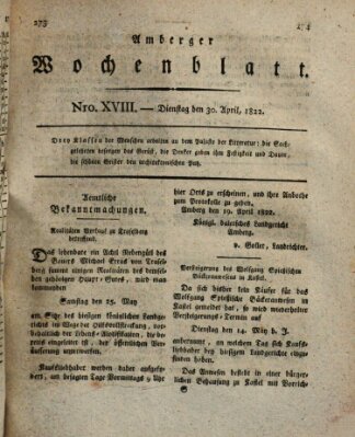 Amberger Wochenblatt (Oberpfälzisches Wochenblat) Tuesday 30. April 1822