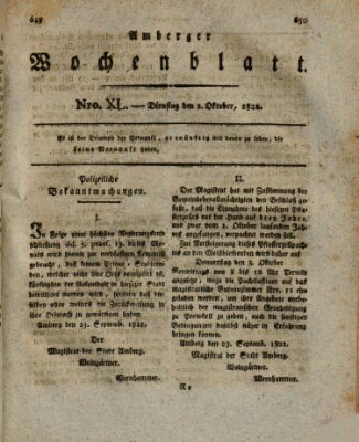 Amberger Wochenblatt (Oberpfälzisches Wochenblat) Dienstag 1. Oktober 1822