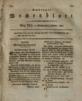 Amberger Wochenblatt (Oberpfälzisches Wochenblat) Dienstag 8. Oktober 1822