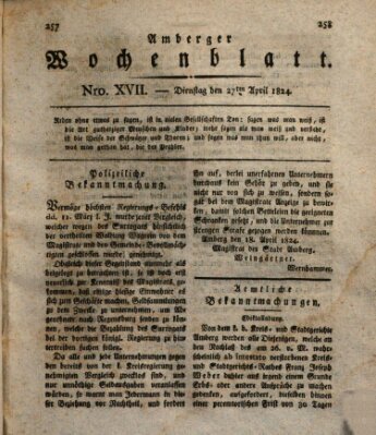 Amberger Wochenblatt (Oberpfälzisches Wochenblat) Dienstag 27. April 1824