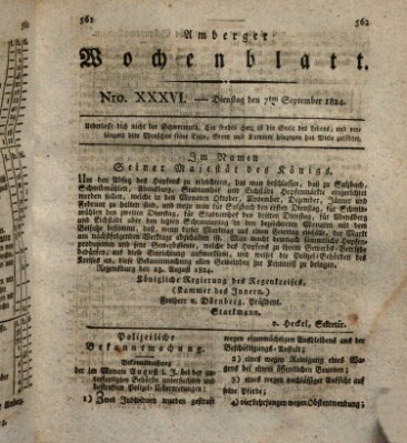 Amberger Wochenblatt (Oberpfälzisches Wochenblat) Dienstag 7. September 1824