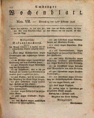 Amberger Wochenblatt (Oberpfälzisches Wochenblat) Dienstag 14. Februar 1826