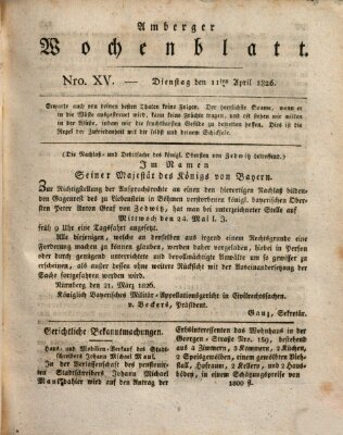 Amberger Wochenblatt (Oberpfälzisches Wochenblat) Dienstag 11. April 1826