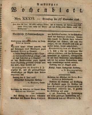 Amberger Wochenblatt (Oberpfälzisches Wochenblat) Dienstag 5. September 1826