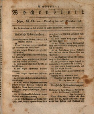 Amberger Wochenblatt (Oberpfälzisches Wochenblat) Dienstag 14. November 1826