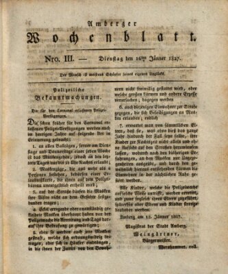 Amberger Wochenblatt (Oberpfälzisches Wochenblat) Dienstag 16. Januar 1827