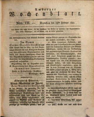 Amberger Wochenblatt (Oberpfälzisches Wochenblat) Dienstag 13. Februar 1827