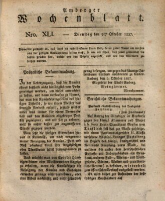 Amberger Wochenblatt (Oberpfälzisches Wochenblat) Dienstag 9. Oktober 1827