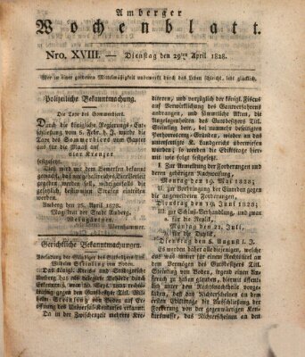 Amberger Wochenblatt (Oberpfälzisches Wochenblat) Dienstag 29. April 1828