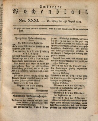 Amberger Wochenblatt (Oberpfälzisches Wochenblat) Dienstag 4. August 1829