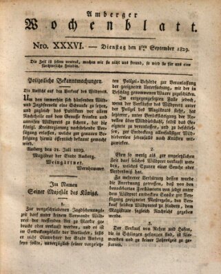 Amberger Wochenblatt (Oberpfälzisches Wochenblat) Dienstag 8. September 1829