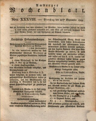 Amberger Wochenblatt (Oberpfälzisches Wochenblat) Dienstag 22. September 1829