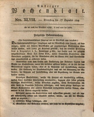 Amberger Wochenblatt (Oberpfälzisches Wochenblat) Dienstag 1. Dezember 1829