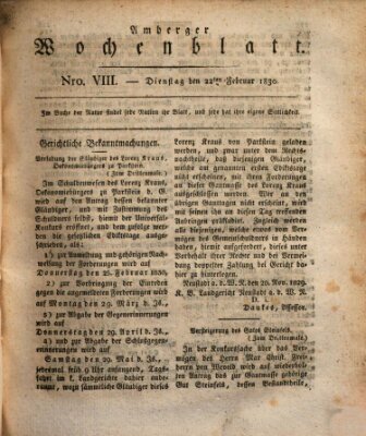 Amberger Wochenblatt (Oberpfälzisches Wochenblat) Montag 22. Februar 1830