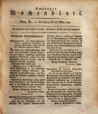Amberger Wochenblatt (Oberpfälzisches Wochenblat) Dienstag 9. März 1830