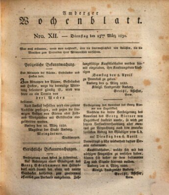 Amberger Wochenblatt (Oberpfälzisches Wochenblat) Dienstag 23. März 1830