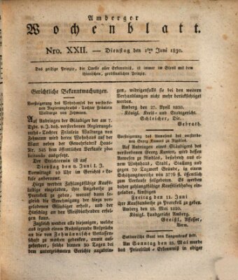 Amberger Wochenblatt (Oberpfälzisches Wochenblat) Dienstag 1. Juni 1830