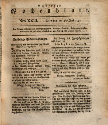 Amberger Wochenblatt (Oberpfälzisches Wochenblat) Dienstag 8. Juni 1830