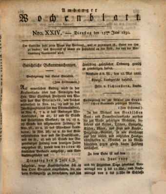 Amberger Wochenblatt (Oberpfälzisches Wochenblat) Dienstag 15. Juni 1830