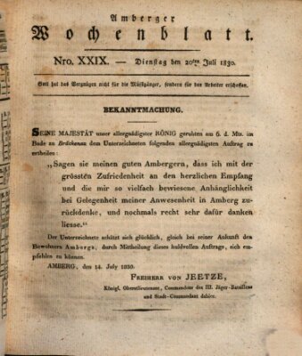 Amberger Wochenblatt (Oberpfälzisches Wochenblat) Dienstag 20. Juli 1830