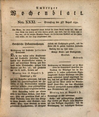 Amberger Wochenblatt (Oberpfälzisches Wochenblat) Dienstag 3. August 1830