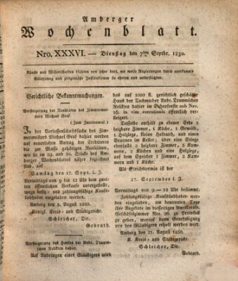 Amberger Wochenblatt (Oberpfälzisches Wochenblat) Dienstag 7. September 1830