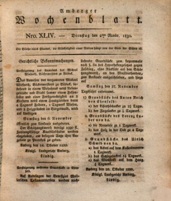 Amberger Wochenblatt (Oberpfälzisches Wochenblat) Dienstag 2. November 1830