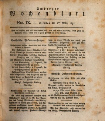 Amberger Wochenblatt (Oberpfälzisches Wochenblat) Dienstag 1. März 1831