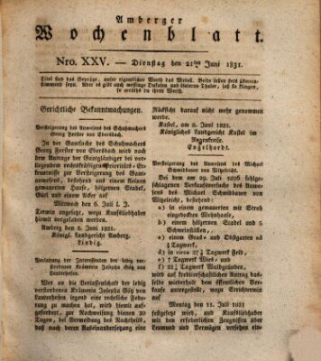 Amberger Wochenblatt (Oberpfälzisches Wochenblat) Dienstag 21. Juni 1831