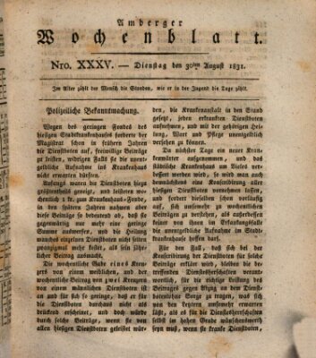 Amberger Wochenblatt (Oberpfälzisches Wochenblat) Dienstag 30. August 1831