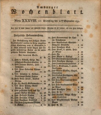 Amberger Wochenblatt (Oberpfälzisches Wochenblat) Dienstag 20. September 1831