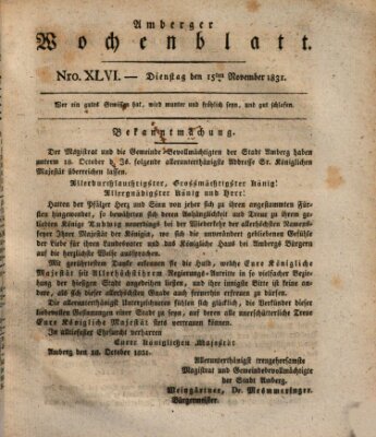 Amberger Wochenblatt (Oberpfälzisches Wochenblat) Dienstag 15. November 1831