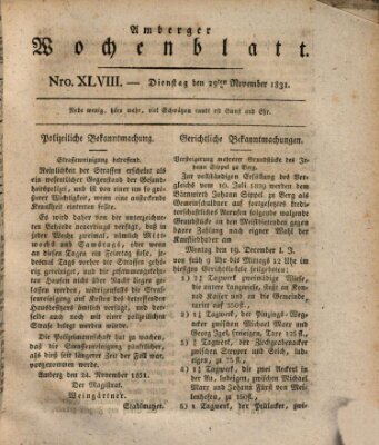 Amberger Wochenblatt (Oberpfälzisches Wochenblat) Dienstag 29. November 1831