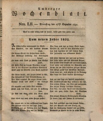 Amberger Wochenblatt (Oberpfälzisches Wochenblat) Dienstag 27. Dezember 1831