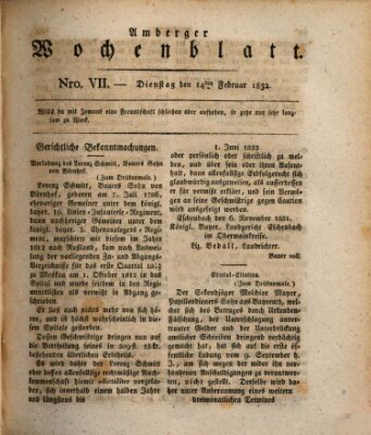 Amberger Wochenblatt (Oberpfälzisches Wochenblat) Dienstag 14. Februar 1832