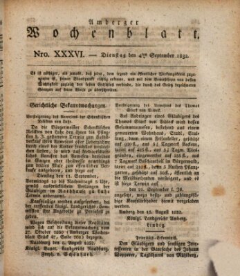 Amberger Wochenblatt (Oberpfälzisches Wochenblat) Dienstag 4. September 1832