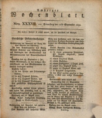 Amberger Wochenblatt (Oberpfälzisches Wochenblat) Dienstag 11. September 1832