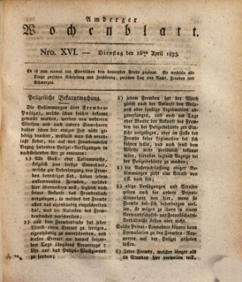 Amberger Wochenblatt (Oberpfälzisches Wochenblat) Dienstag 16. April 1833