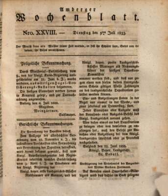 Amberger Wochenblatt (Oberpfälzisches Wochenblat) Dienstag 9. Juli 1833