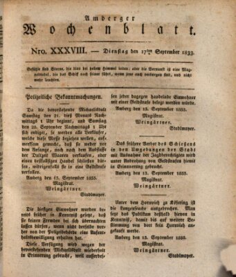 Amberger Wochenblatt (Oberpfälzisches Wochenblat) Dienstag 17. September 1833