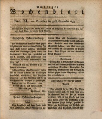 Amberger Wochenblatt (Oberpfälzisches Wochenblat) Dienstag 1. Oktober 1833