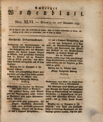 Amberger Wochenblatt (Oberpfälzisches Wochenblat) Dienstag 12. November 1833